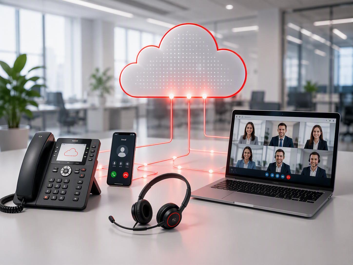 Ein Schreibtisch mit einem Festnetztelefon, einem Smartphone, einem Headset und einem Laptop, auf dem ein Videoanruf zu sehen ist, sowie ein leuchtendes Cloud-Symbol, das Cloud-Kommunikationsdienste symbolisiert.