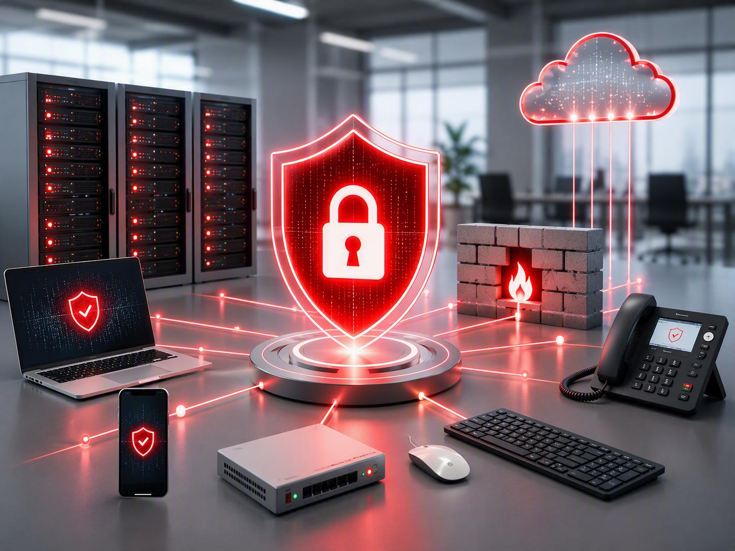 Ein digitales Schutzschild mit einem Vorhängeschloss-Symbol ist mit verschiedenen Bürogeräten, Servern, einer Cloud und einer Firewall verbunden und symbolisiert Cybersicherheit und Netzwerkschutz.