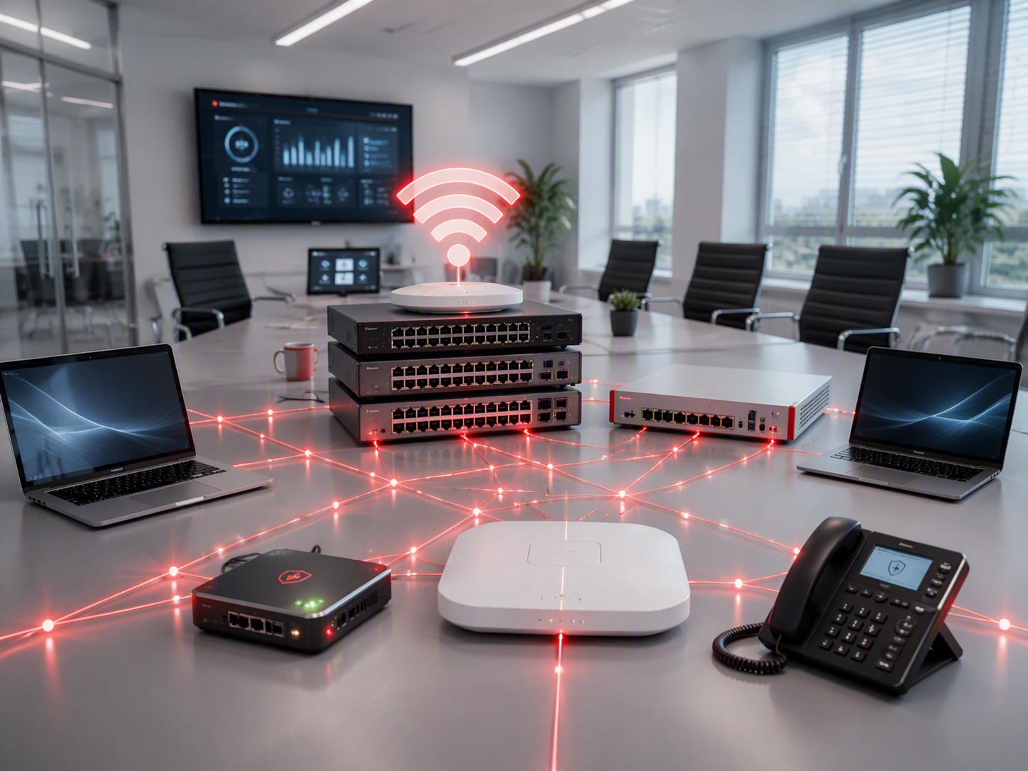 Auf einem modernen Konferenztisch sind Netzwerkgeräte, Laptops und ein Telefon zu sehen, die alle durch virtuelle rote Linien miteinander verbunden sind, welche ein drahtloses und ein kabelgebundenes Netzwerk darstellen.