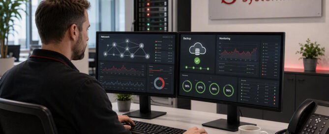 Ein Mann sitzt an einem Schreibtisch mit zwei Monitoren, auf denen Netzwerk- und Überwachungs-Dashboards zu sehen sind, in einem Büro mit der Aufschrift „Bremer Systemhaus“.