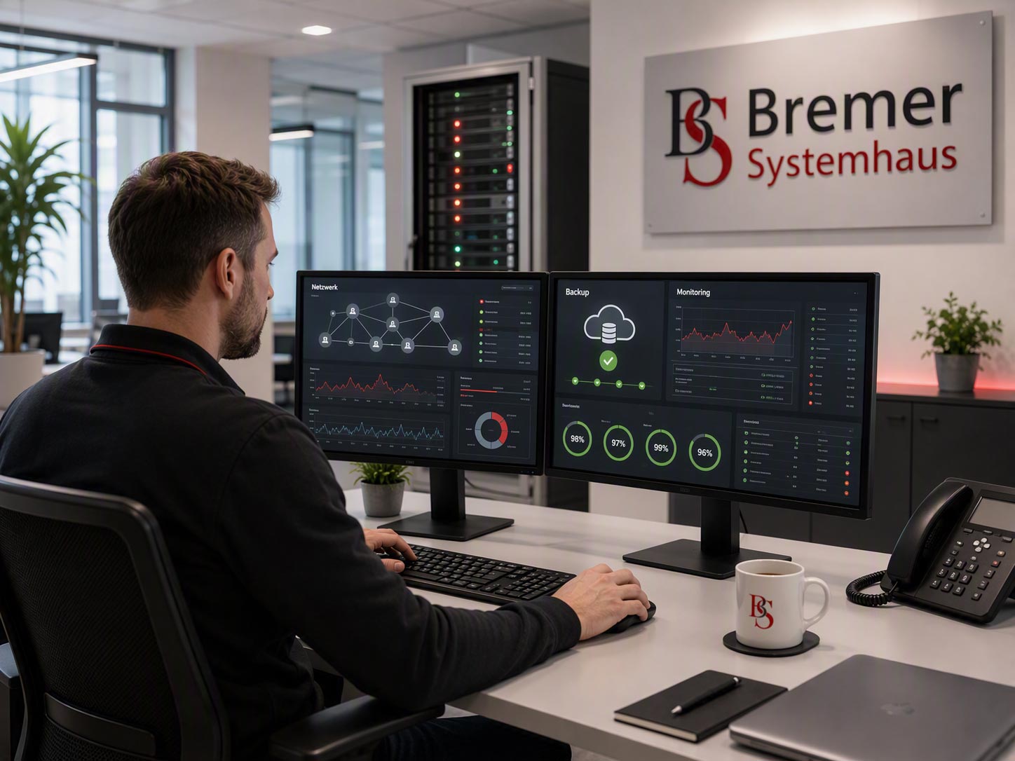 Ein Mann sitzt an einem Schreibtisch mit zwei Monitoren, auf denen Netzwerk- und Überwachungs-Dashboards zu sehen sind, in einem Büro mit der Aufschrift „Bremer Systemhaus“.