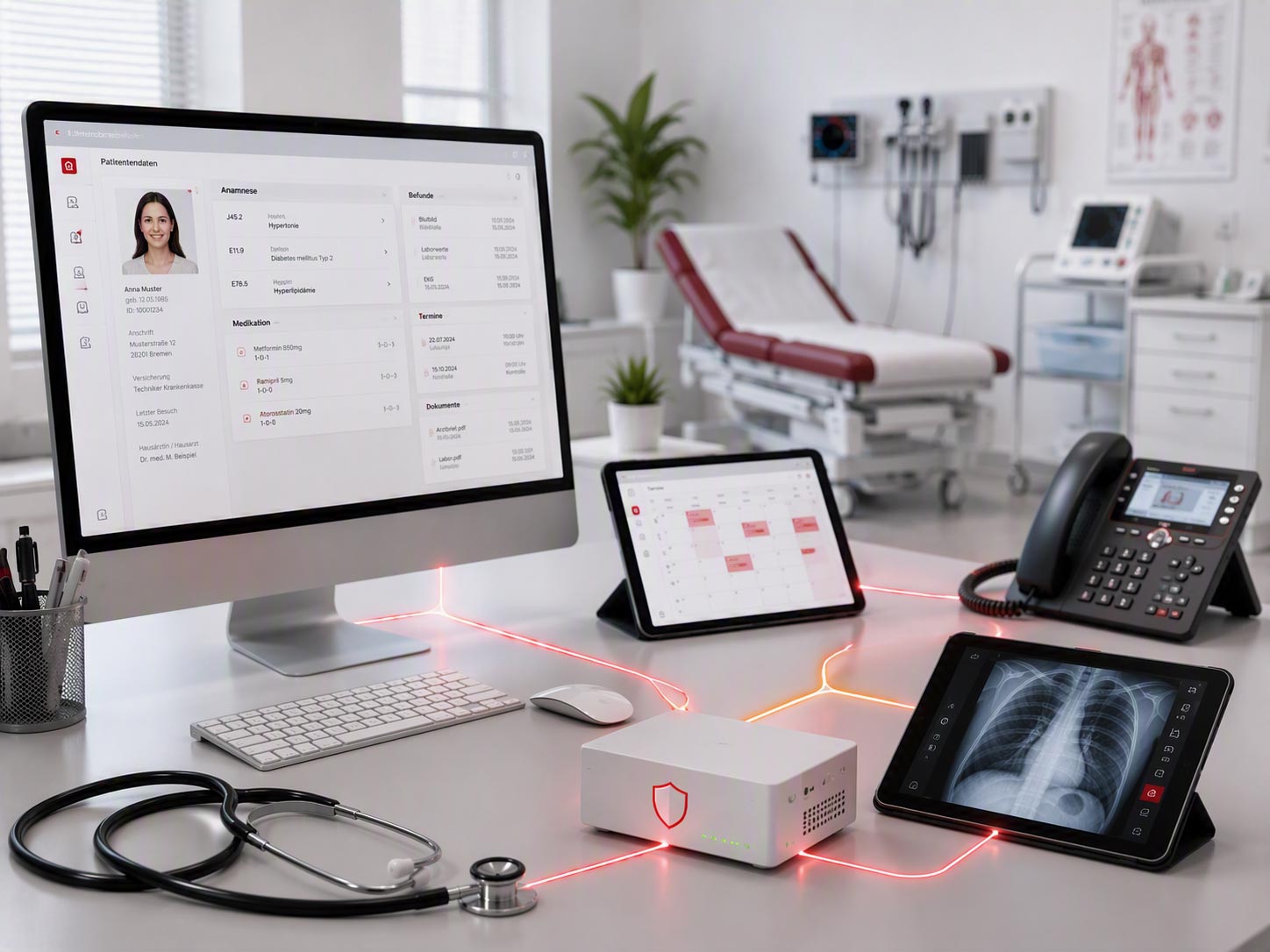 Eine moderne Arztpraxis mit Computern, Tablets und medizinischen Geräten, die durch leuchtend rote Kabel miteinander verbunden sind und auf denen Patientenakten, Termine und Röntgenbilder angezeigt werden.