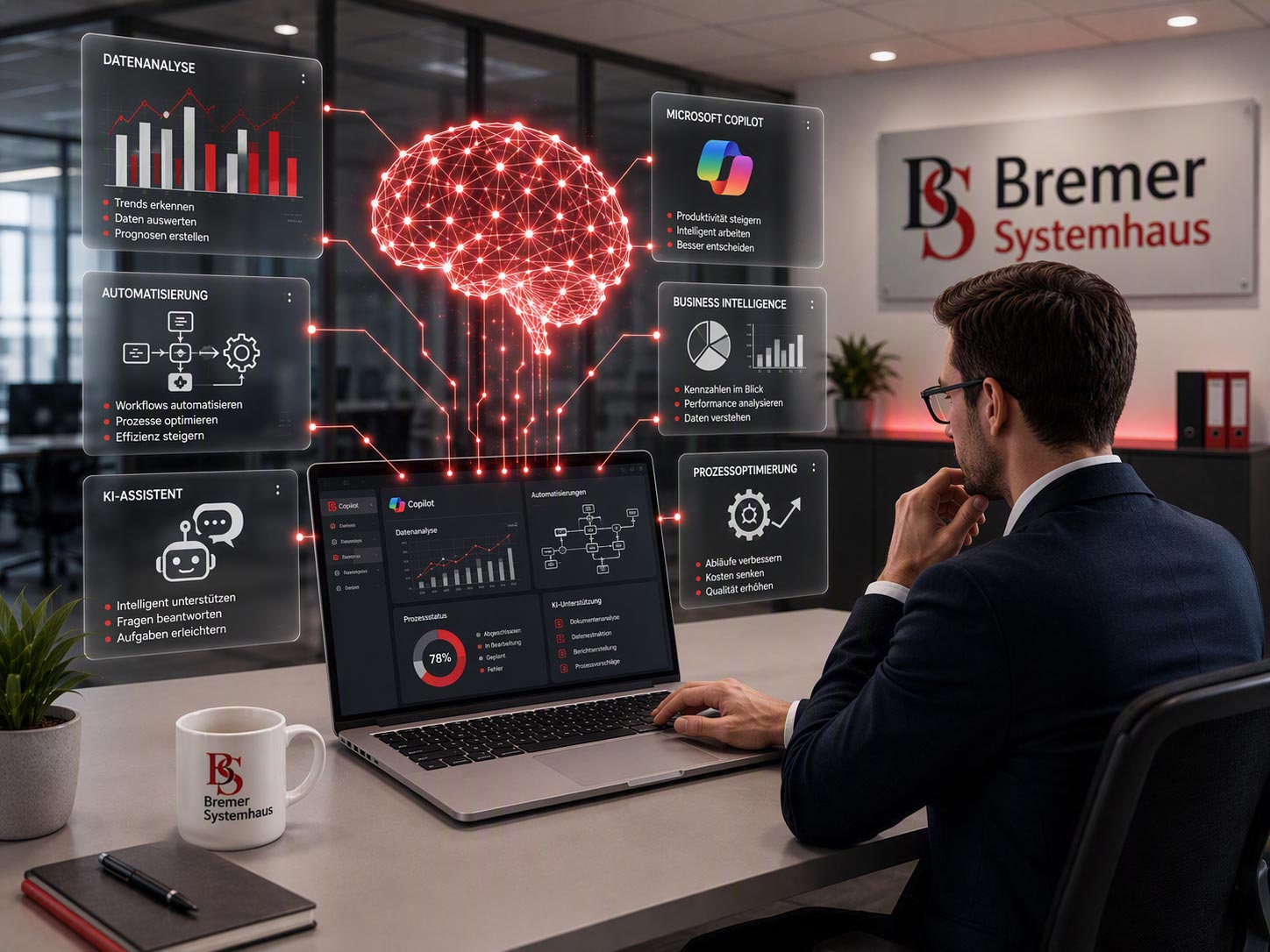 Ein Mann sitzt in einem Büro und arbeitet an einem Laptop, während um ihn herum digitale Diagramme, KI-Gehirngrafiken und Schnittstellen für Geschäftsanalysen angezeigt werden.