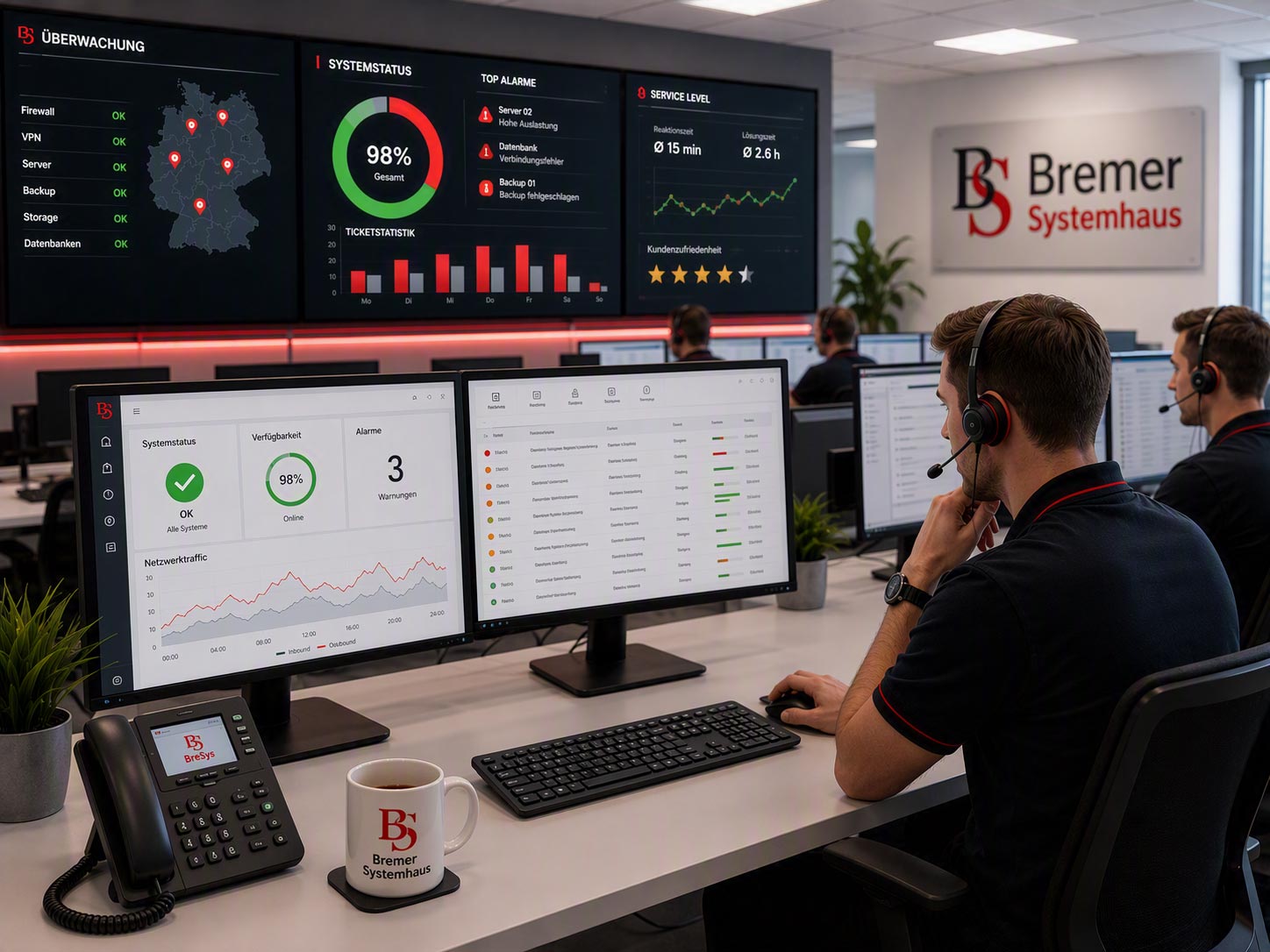 Zwei IT-Mitarbeiter überwachen in einem modernen Büro auf mehreren Bildschirmen den Netzwerkstatus und Systemmeldungen; auf den Monitoren und den Büroartikeln ist das Logo des Bremer Systemhauses zu sehen.