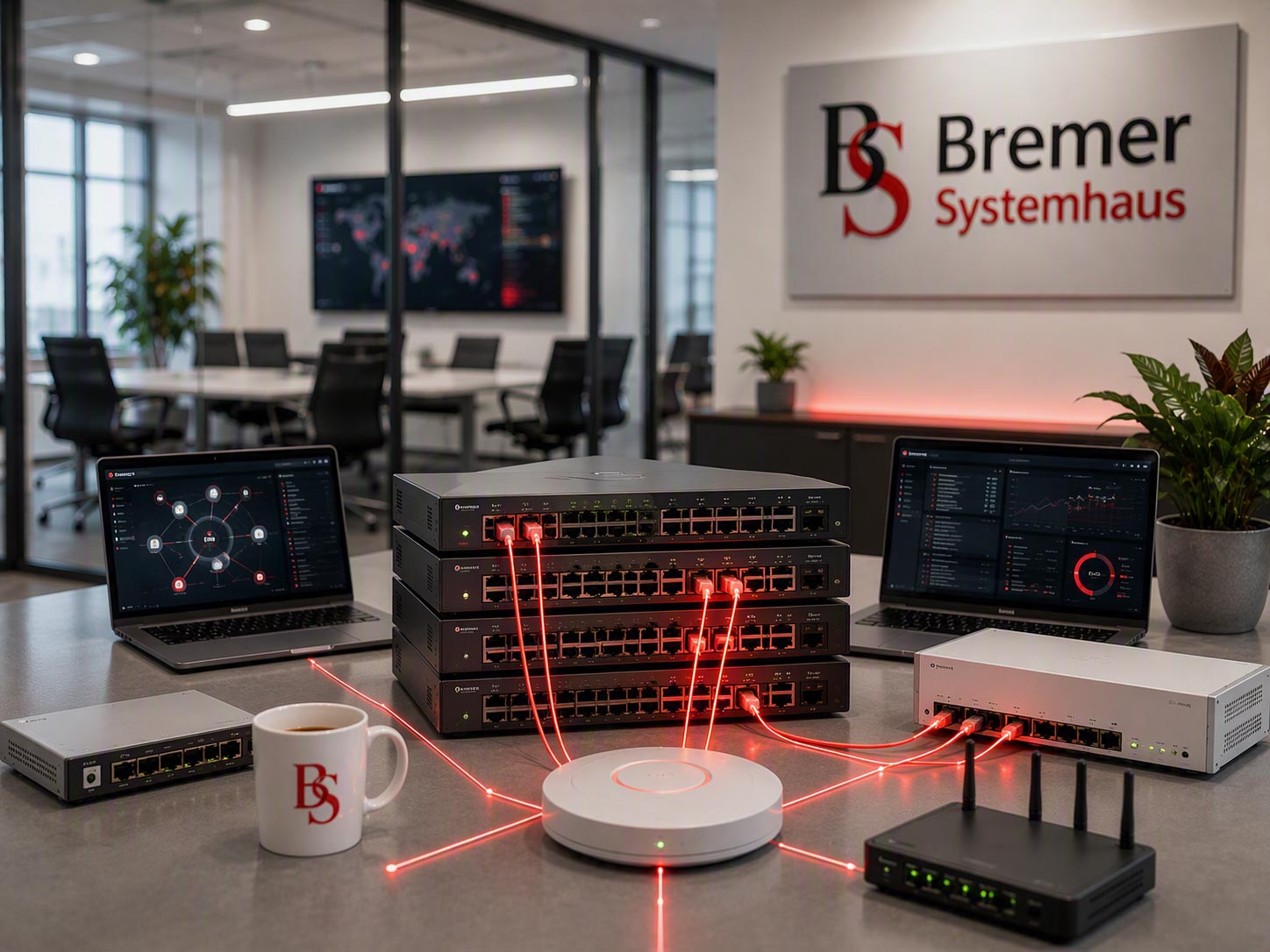 Ein modernes Büro mit Netzwerkgeräten, Laptops und Routern auf einem Tisch. Rote Kabel verbinden die Geräte miteinander. An der Wand ist das Logo von „Bremer Systemhaus“ zu sehen. Im Hintergrund sind Monitore und Schreibtische zu erkennen.